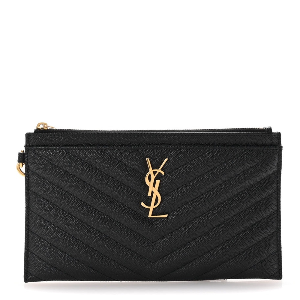 Yves Saint Laurent Black Chevron Wristlet with Gold Emblem